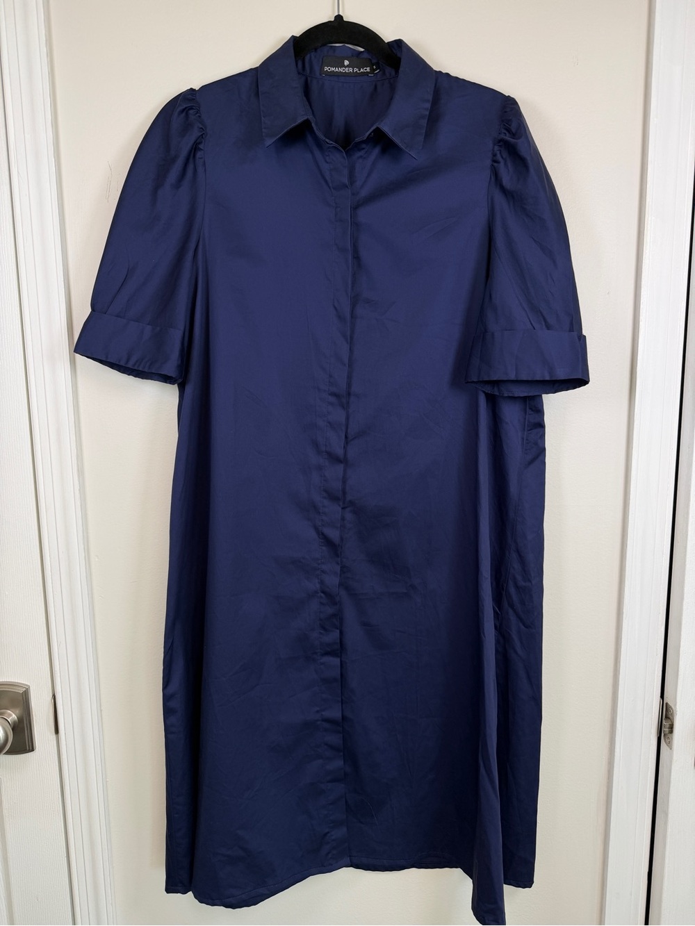 Tuckernuck Pomander Place Kayla Navy Blue Cotton Shirt Dress Size S Puff Sleeve